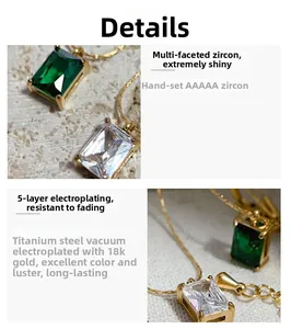 Detail of 18k gold plated titanium steel necklace with square emerald green zircon stone