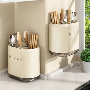 Utensil Holder Wall Mounted Plastic Cutlery Organizer With Draining Tray Kitchen Chopstick Spoon Fork Storage Box