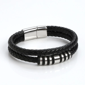 Men's double-layered black braided leather bracelet with silver magnetic metal clasp
