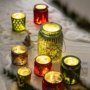Lot de photophores de Noël en verre avec motifs rennes sur fond de neige blanche