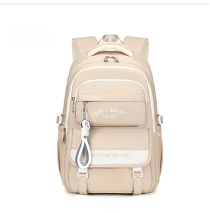 Front view of khaki school backpack with large capacity and multi-pocket buckle detail