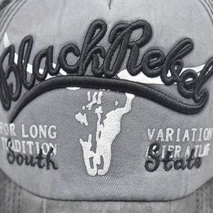Grey washed cotton baseball cap with BlackRebel embroidery and vintage ink splash design