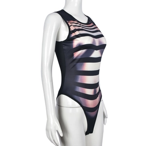 Detail of high-elasticity bodysuit with black and white stripes and 3D body print