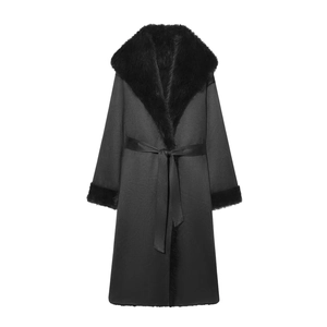 Fashionable black slim fit long coat with faux fur collar and satin waist tie belt
