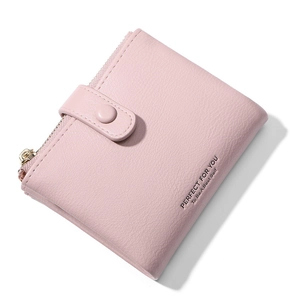 Pink PU leather short wallet for women featuring litchi pattern and metal zipper detail