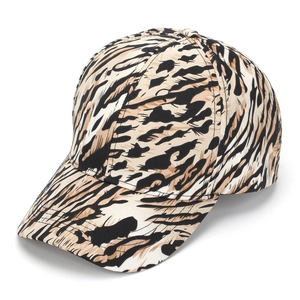 Detail of a leopard print baseball cap featuring high-quality canvas fabric and stitching