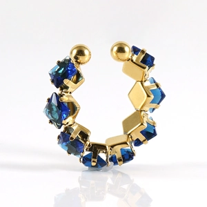 Adjustable C-shaped gold ring with square blue crystals and high-quality polished finish