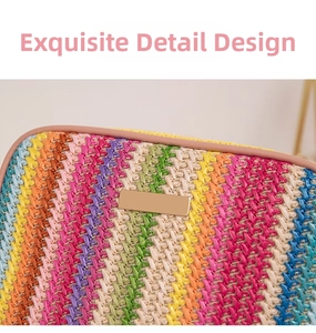 Detailed close-up of rainbow straw weave pattern and gold metallic plaque on a crossbody bag