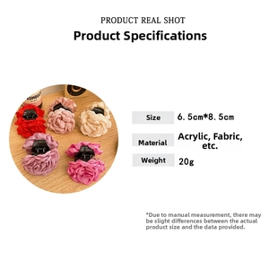 Detail view of 3D rose fabric hair claws in five colors with size and material specs