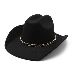 Classic black wool fedora cowboy hat with a gold and black decorative chain strap