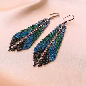 Elegant feather tassel drop earrings with colorful rhinestones in a luxury finish