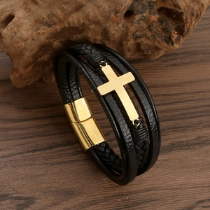 Men's multilayer black braided leather bracelet with golden cross and magnetic clasp