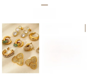 Detailed view of 18k gold plated stainless steel geometric earrings with zircon inlay