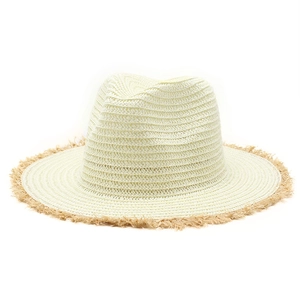 Classic straw sun hat for women with frayed brim and stylish pinched crown in off-white