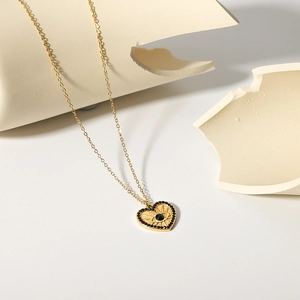 18K gold plated stainless steel heart necklace with eye motif and black stones inlay