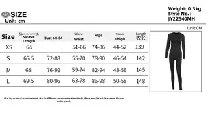 Detailed size chart for long sleeve athletic jumpsuit showing bust waist and hip measurements