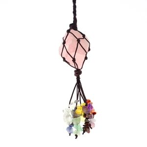 Handmade woven rose quartz raw stone pendant with colorful chakra crystal tassels decor