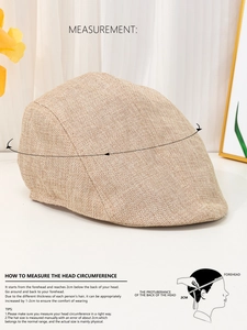 Size guide for beige linen newsboy cap showing head circumference measurement steps