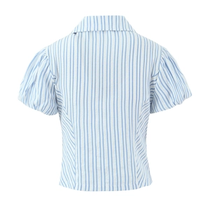 Women's light blue and white vertical striped shirt with puff sleeves in back flat lay view