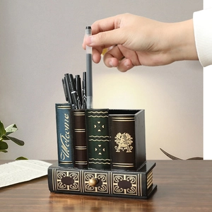 Organisateur de bureau style livres vintage avec quatre compartiments et tiroir