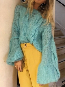 Women's Oversized Cable Knit Sweater Hollow Out Long Sleeve Round Neck Loose Casual Winter Pullover Top