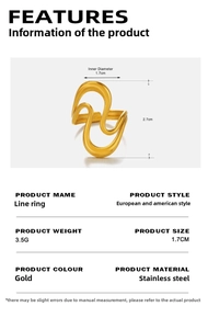 Detailed size chart of a 18K gold plated stainless steel wavy line ring with dimensions