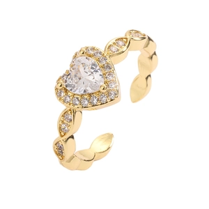 Adjustable gold heart ring with micro-pave cubic zirconia crystals for women
