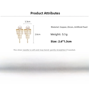 Detail showing 14K gold plated tassel pearl earrings with size dimensions and weight info