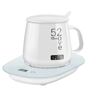 Ceramic mug warmer set with smart digital display heating base and stirring spoon