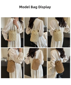 Detailed views of the handwoven bucket bag with crochet textures and drawstring liner