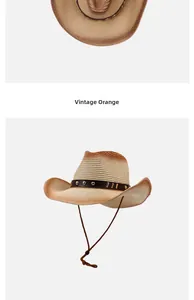 Close-up of a vintage orange straw cowboy hat with a studded leather band and rope