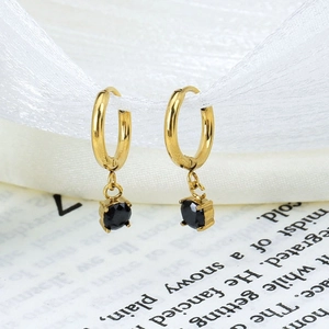 Gold stainless steel hoop earrings featuring classic round black zircon stone charms