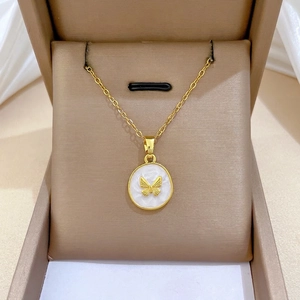Butterfly Round Pendant Necklace Stainless Steel Chain Copper Rhinestone Enamel Elegant Jewelry For Women