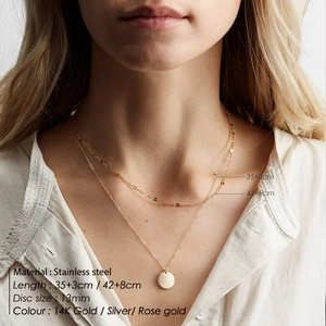 Double-layered 14K gold stainless steel necklace with 13mm round disc pendant
