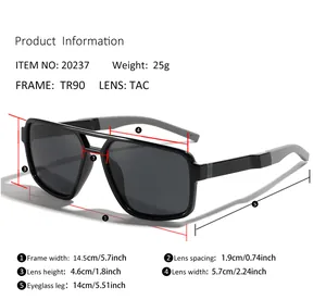 Detailed technical diagram showing TR90 frame dimensions and TAC lens specifications