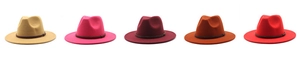 Detail view of colorful fedora hats with leather bands and classic creased tops