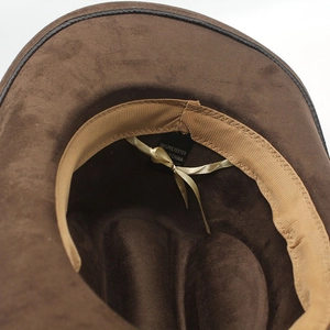 Detail showing the inner sweatband and adjustable gold ribbon of the brown suede hat