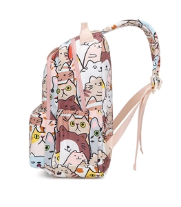 Side view of large school backpack featuring cute cartoon cat prints and pink shoulder straps