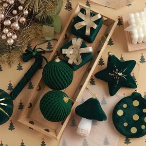 Christmas Tree Hanging Ornaments Dark Green Flocked Velvet Foam Star Mushroom Gift Box Glitter Sequins Holiday Decor