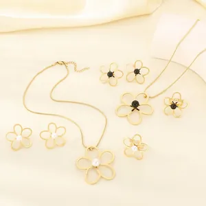 Hollow Flower Stainless Steel Necklace Earrings And Ring Minimalist Fashion Jewelry Women Elegant Floral Style Accessory