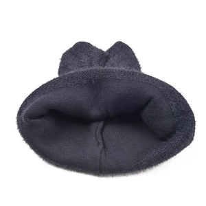Winter knitted black hat with cute cat ears made of soft plush faux mohair wool