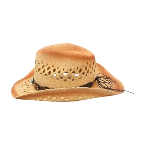 Hollow western cowboy straw hat with gradient finish and ethnic beaded leather band