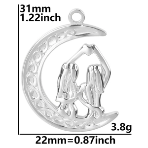 Detail showing dimensions of silver moon pendant with Celtic knot and girl figures
