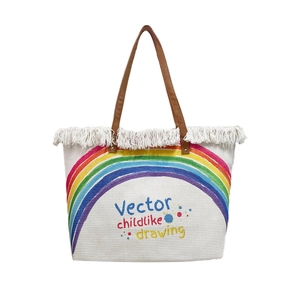 Nordic woven canvas tote bag with rainbow pattern, white tassels and brown handles
