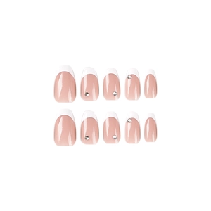 White French short ballerina press-on nails with rhinestones on nude base 10pcs set