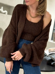 Brown chunky knit cardigan set with matching camisole and blue denim jeans outfit