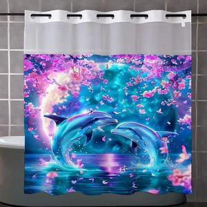 Detail of waterproof bathroom curtain showing 3D dolphin and cherry blossom patterns