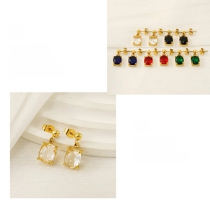 Detailed view of oval zircon stud earrings in multiple colors with gold plated finish