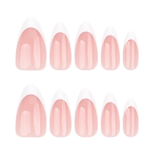 Short almond press-on nails set with elegant pink base and white French tips
