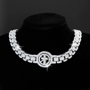 Hip hop silver watch chain necklace with spinning cross dollar pendant and rhinestones